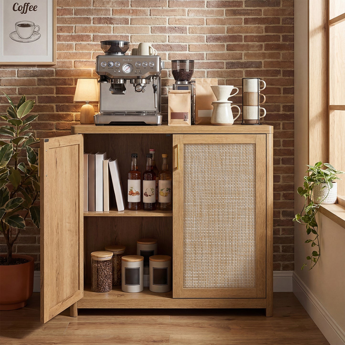 Boho Buffet Cabinet, Sideboard Storage with Rattan-Look Doors, Adjustable Shelf, Rounded Corners, for Kitchen Dining Room, Natural Brown