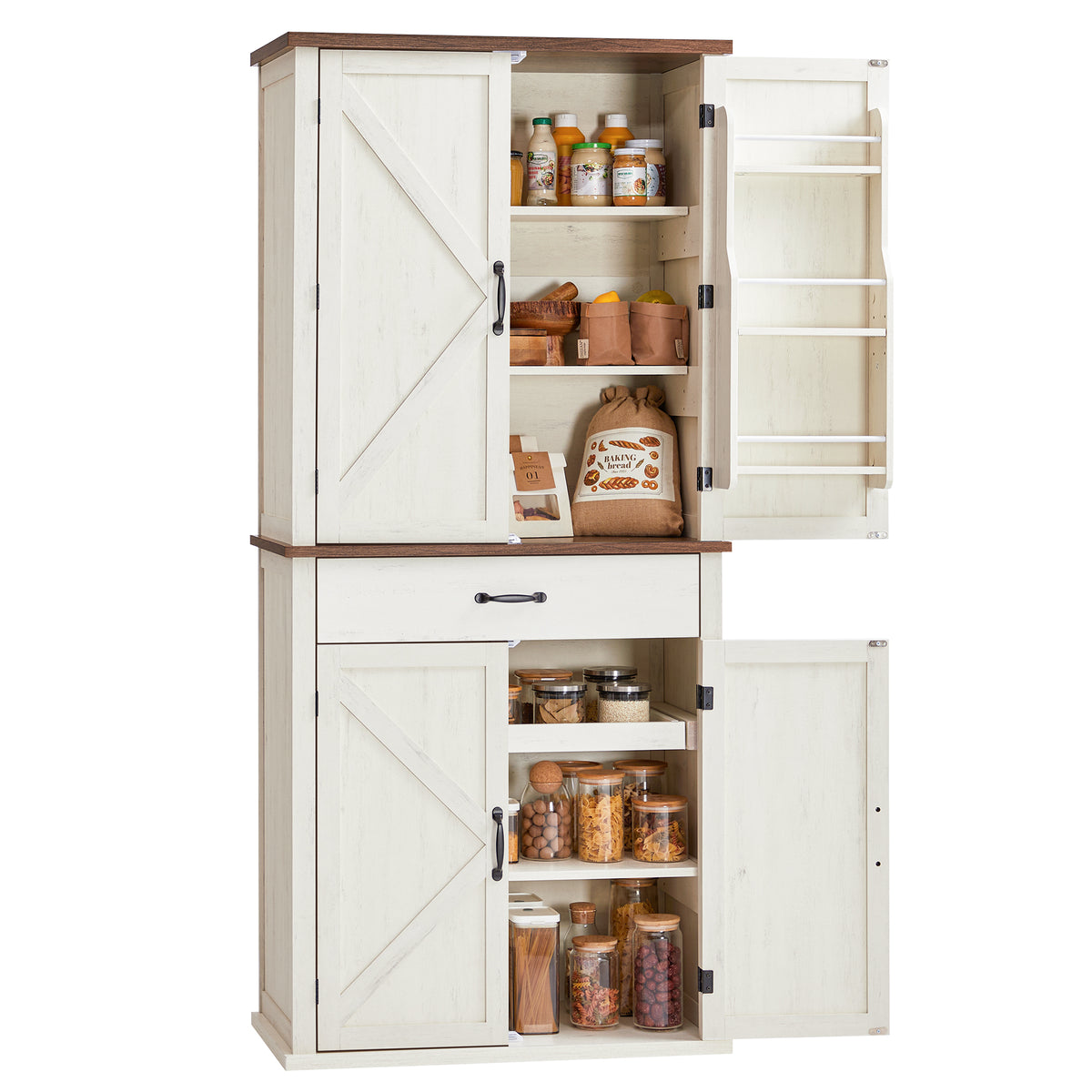 LEDREM Tall Storage Cabinet with Barn Doors, Drawer, White and Tan