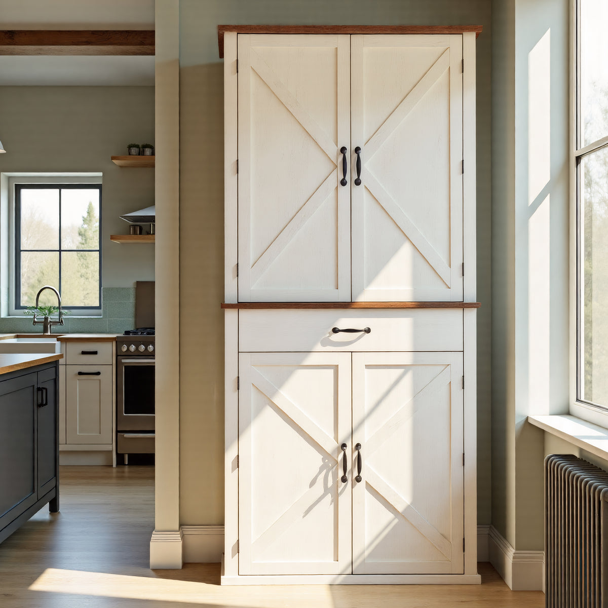 LEDREM Tall Storage Cabinet with Barn Doors, Drawer, White and Tan