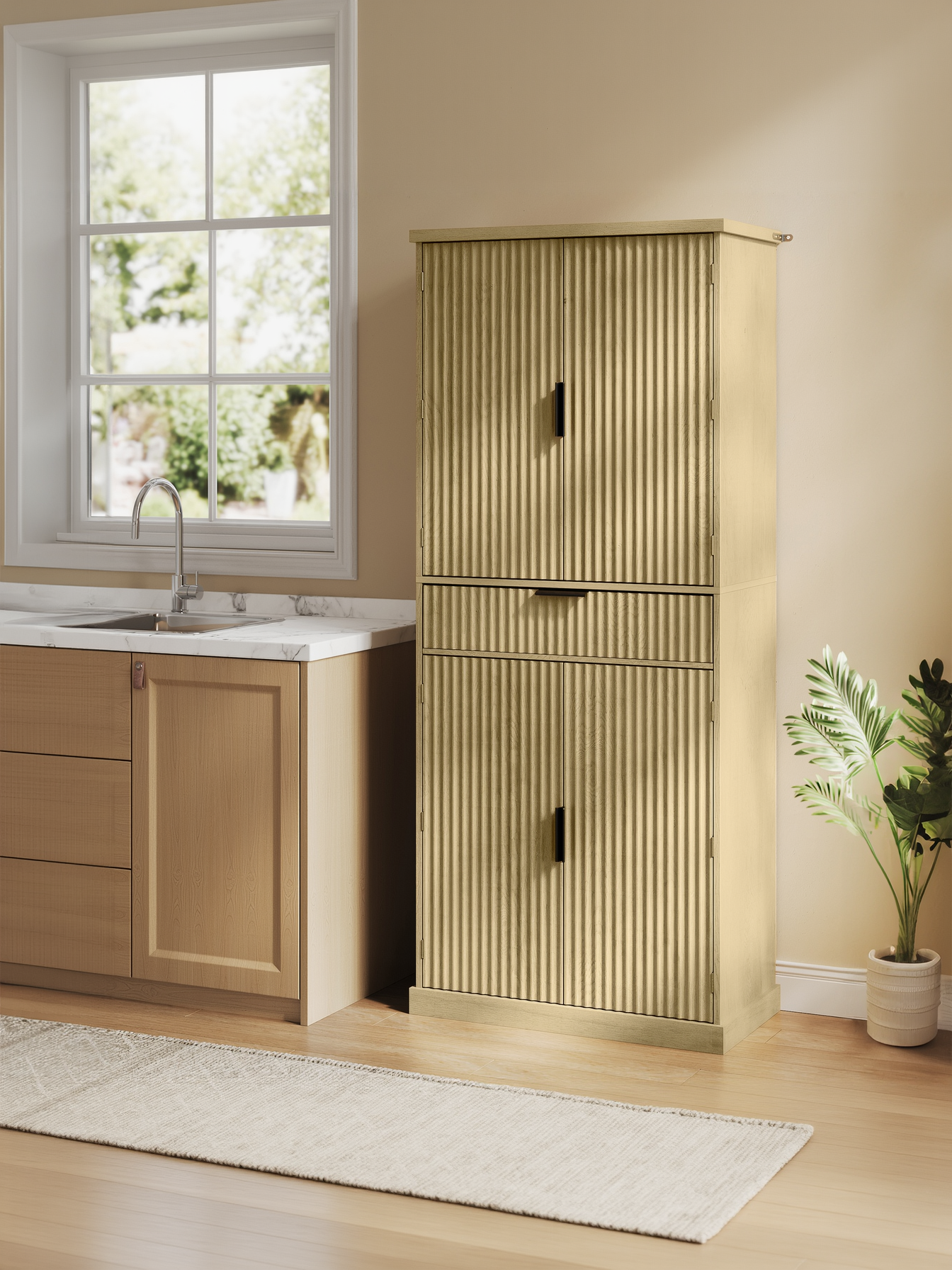 70.6-Inch Tall Pantry Cabinet with 6 Adjustable Shelves and Drawer, Fluted Doors Storage Cabinet for Kitchen and Living Room, Oak Beige