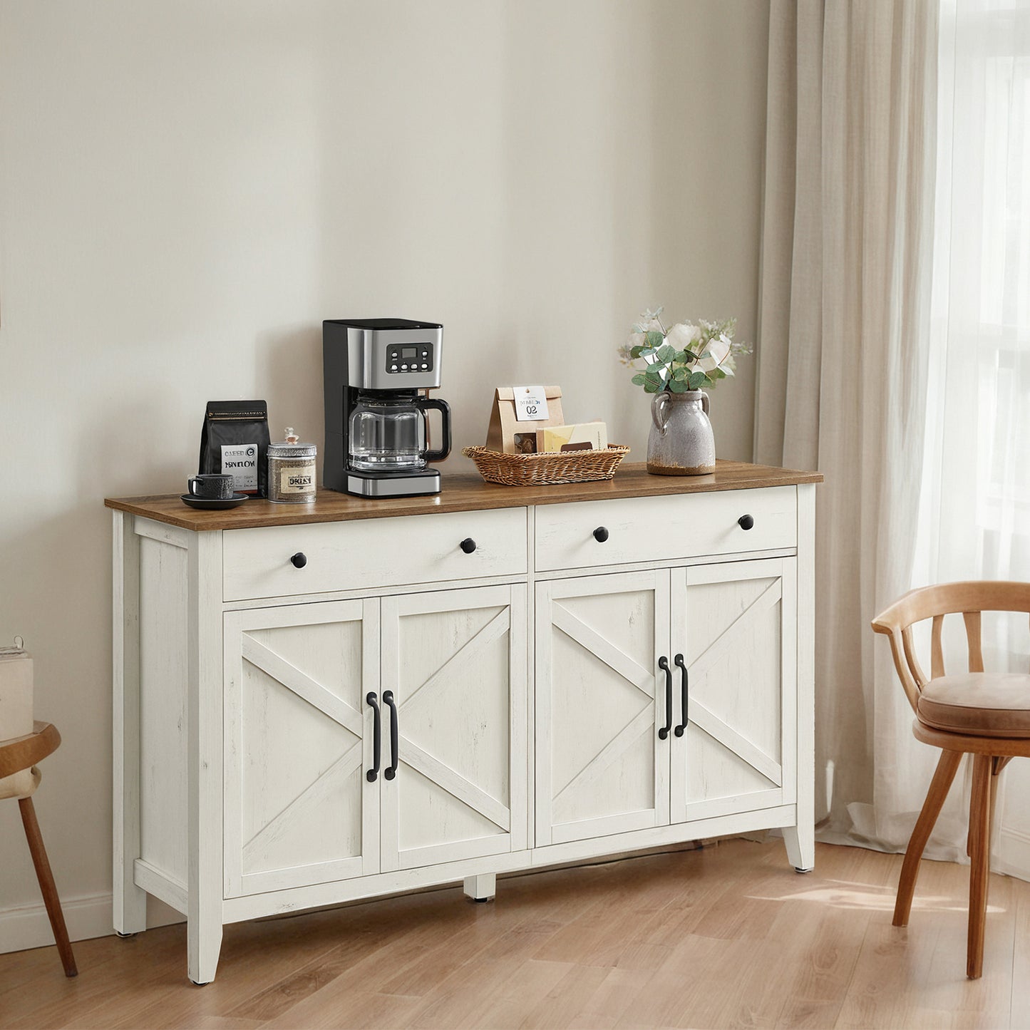 Farmhouse Buffet Cabinet - 2 Drawers with Dividers, Adjustable Shelves & Cable Management, Multi-Functional Storage, Rustic White and Honey Brown
