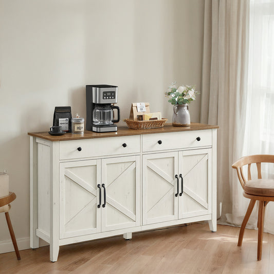 Farmhouse Buffet Cabinet - 2 Drawers with Dividers, Adjustable Shelves & Cable Management, Multi-Functional Storage, Rustic White and Honey Brown