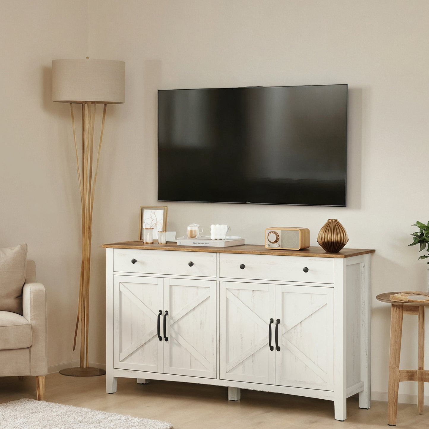 Farmhouse Buffet Cabinet - 2 Drawers with Dividers, Adjustable Shelves & Cable Management, Multi-Functional Storage, Rustic White and Honey Brown