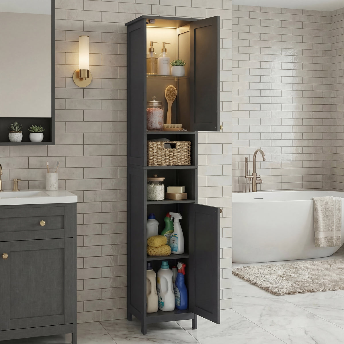 Slim Tall Storage Cabinet with Motion-Activated Light, Freestanding Unit with Adjustable Shelves, for Small Spaces Bathroom Living Room, 11.8" Wide, Ink Black