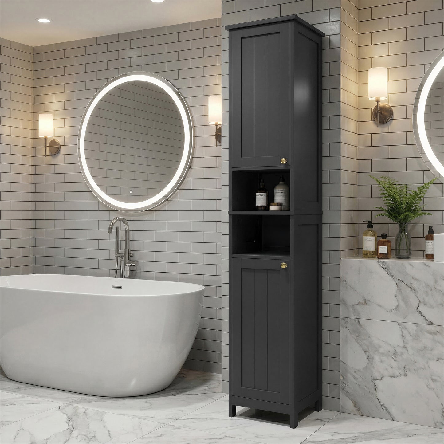 Slim Tall Storage Cabinet with Motion-Activated Light, Freestanding Unit with Adjustable Shelves, for Small Spaces Bathroom Living Room, 11.8" Wide, Ink Black