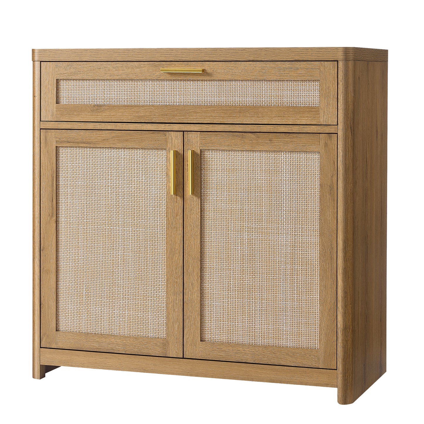 Rattan-Front Boho Sideboard, Storage Buffet with Drawer & 5-Tier Adjustable Shelf, Rounded Corners, for Kitchen Dining, Natural Brown