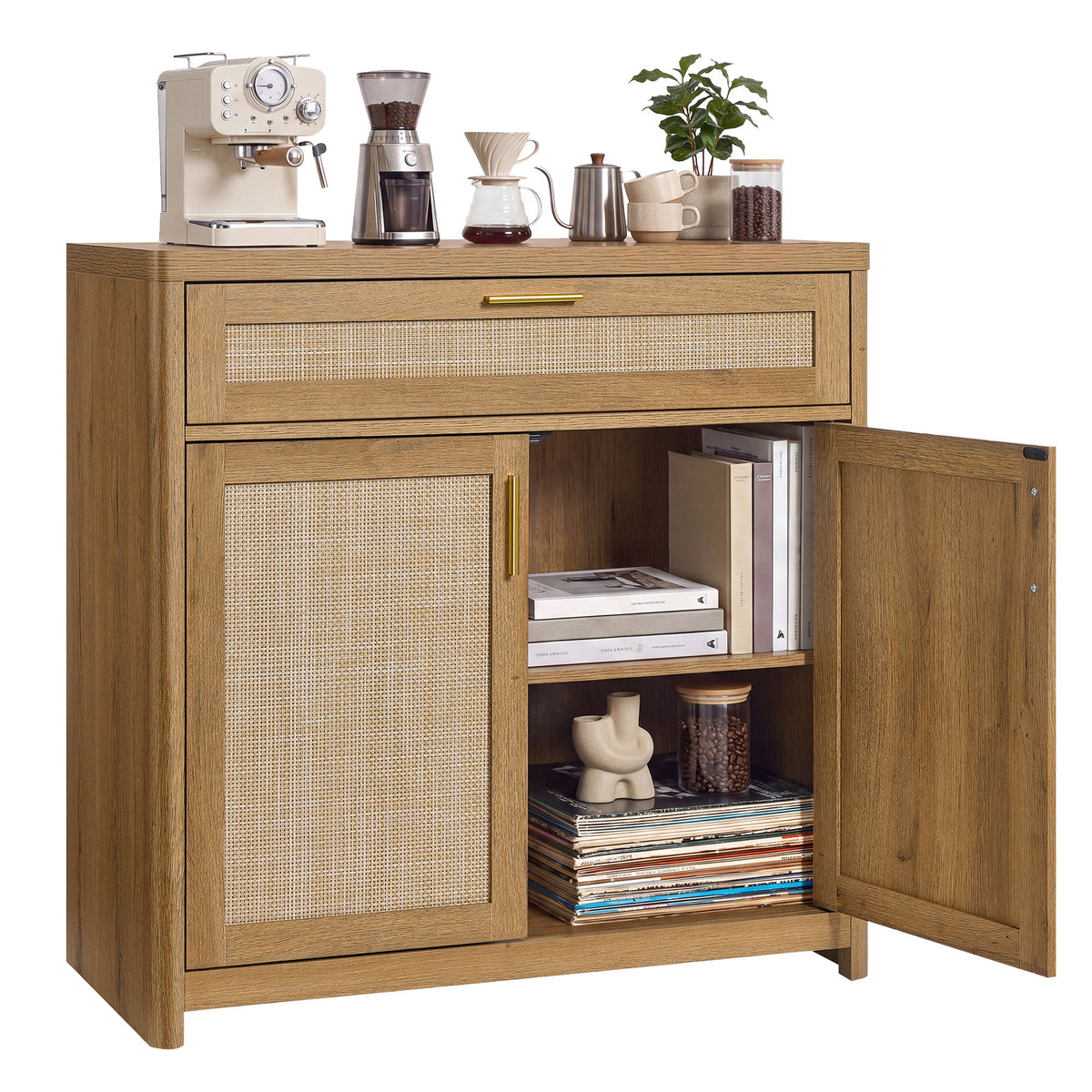 Rattan-Front Boho Sideboard, Storage Buffet with Drawer & 5-Tier Adjustable Shelf, Rounded Corners, for Kitchen Dining, Natural Brown