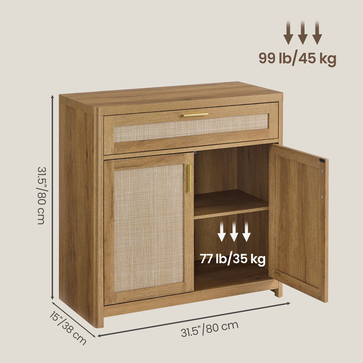 Rattan-Front Boho Sideboard, Storage Buffet with Drawer & 5-Tier Adjustable Shelf, Rounded Corners, for Kitchen Dining, Natural Brown