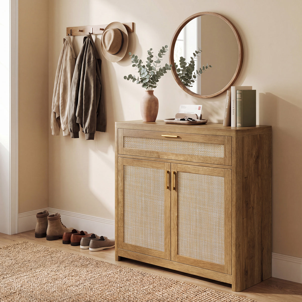 Rattan-Front Boho Sideboard, Storage Buffet with Drawer & 5-Tier Adjustable Shelf, Rounded Corners, for Kitchen Dining, Natural Brown