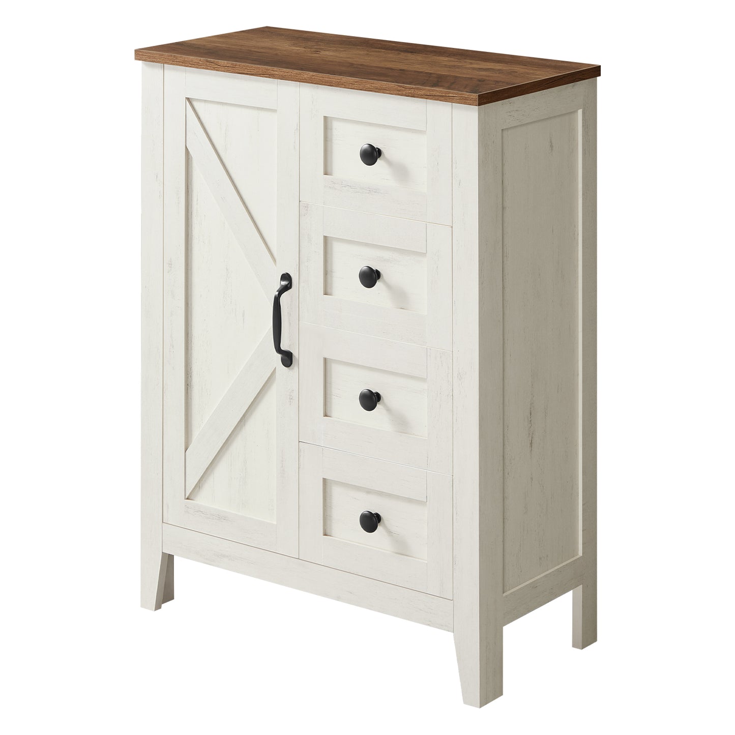 Farmhouse Storage Cabinet, Freestanding Floor Cabinet with 4 Drawers, Barn Door, Adjustable Shelf, for Bathroom Kitchen Entryway, Rustic White