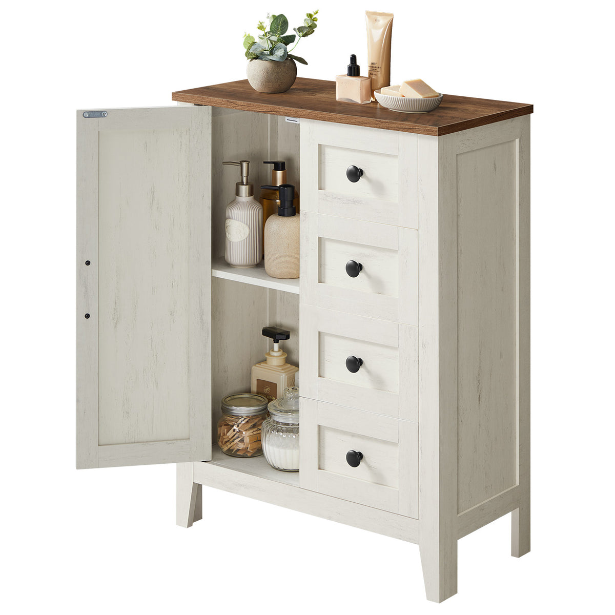 Farmhouse Storage Cabinet, Freestanding Floor Cabinet with 4 Drawers, Barn Door, Adjustable Shelf, for Bathroom Kitchen Entryway, Rustic White
