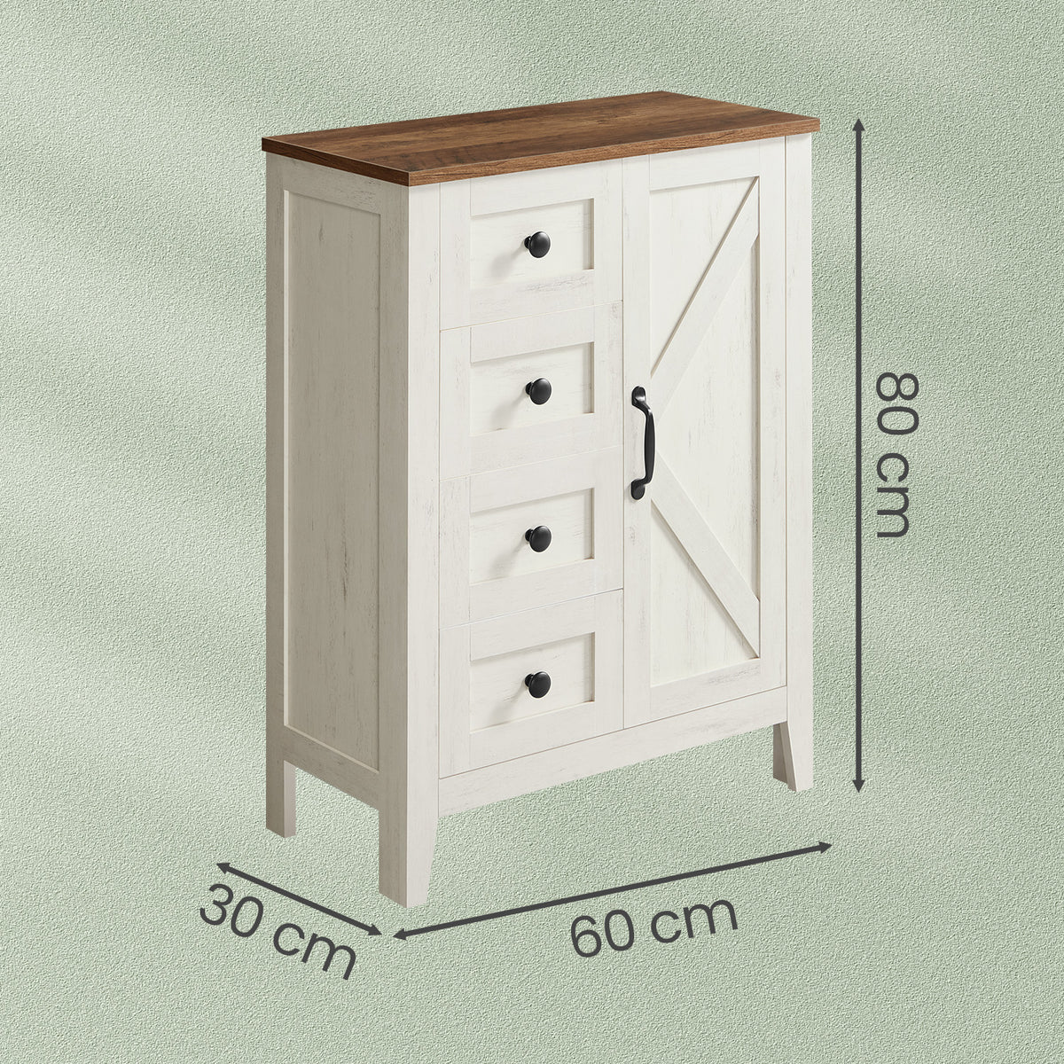 Farmhouse Storage Cabinet, Freestanding Floor Cabinet with 4 Drawers, Barn Door, Adjustable Shelf, for Bathroom Kitchen Entryway, Rustic White