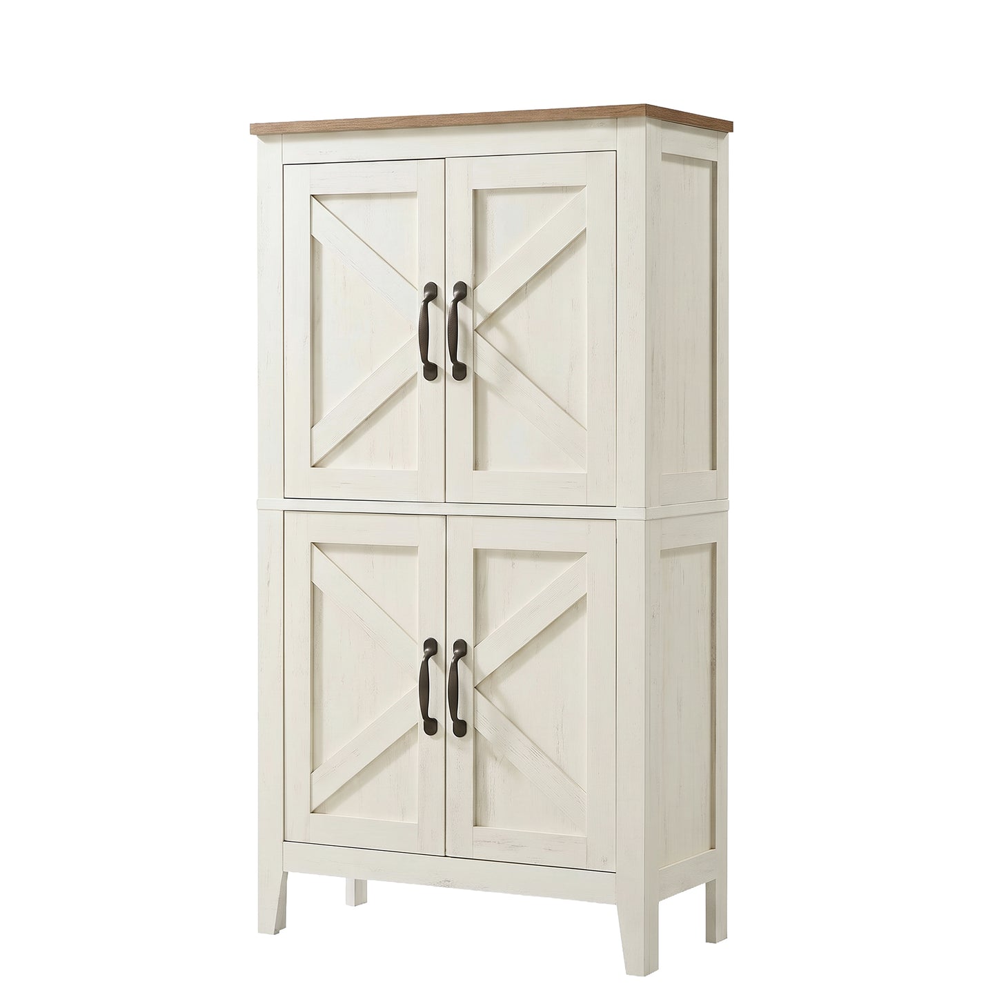 Farmhouse Storage Cabinet, Floor Cabinet with Barn Doors, Freestanding Kitchen Pantry, Adjustable Shelves, for Bathroom Dining Room, Rustic White