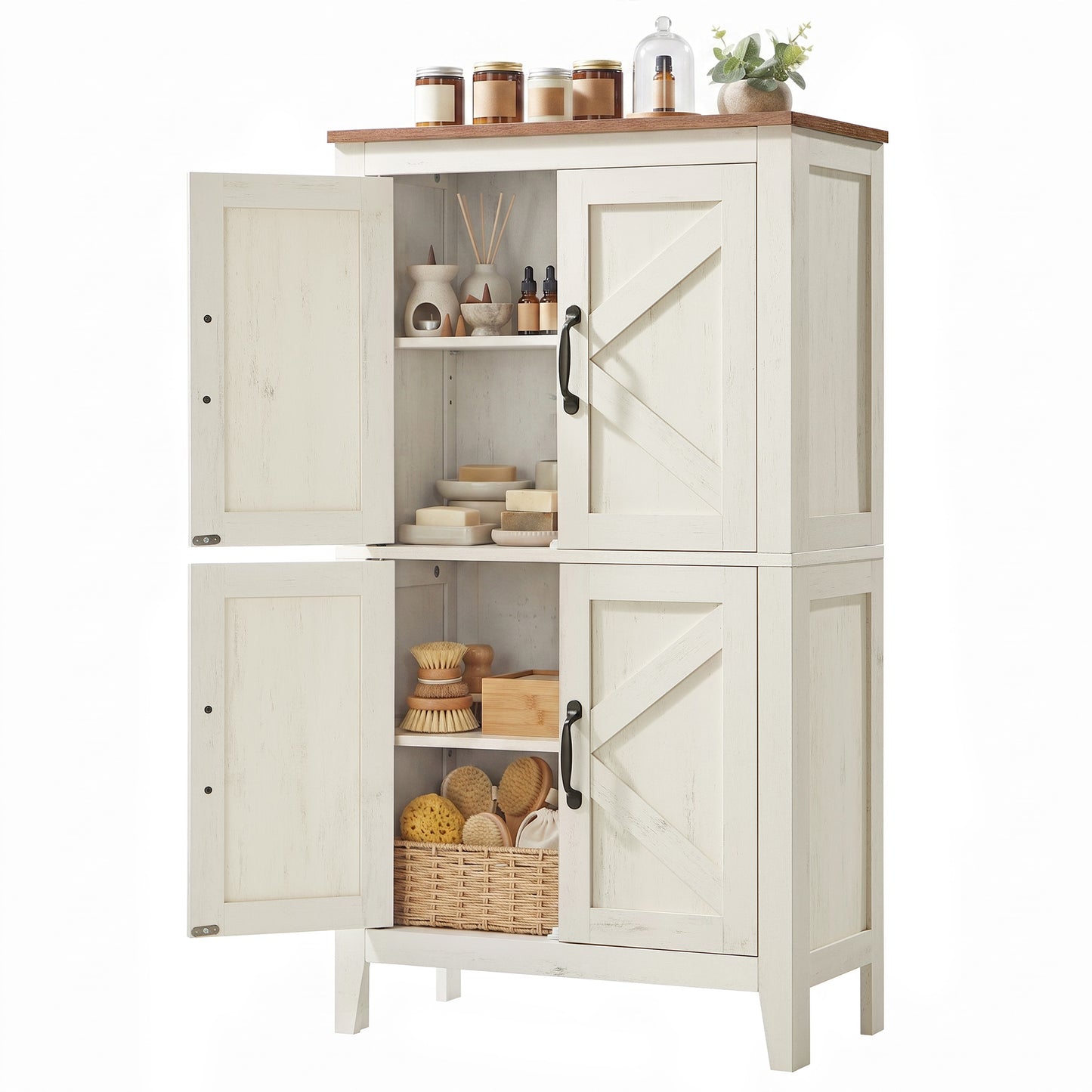 Farmhouse Storage Cabinet, Floor Cabinet with Barn Doors, Freestanding Kitchen Pantry, Adjustable Shelves, for Bathroom Dining Room, Rustic White