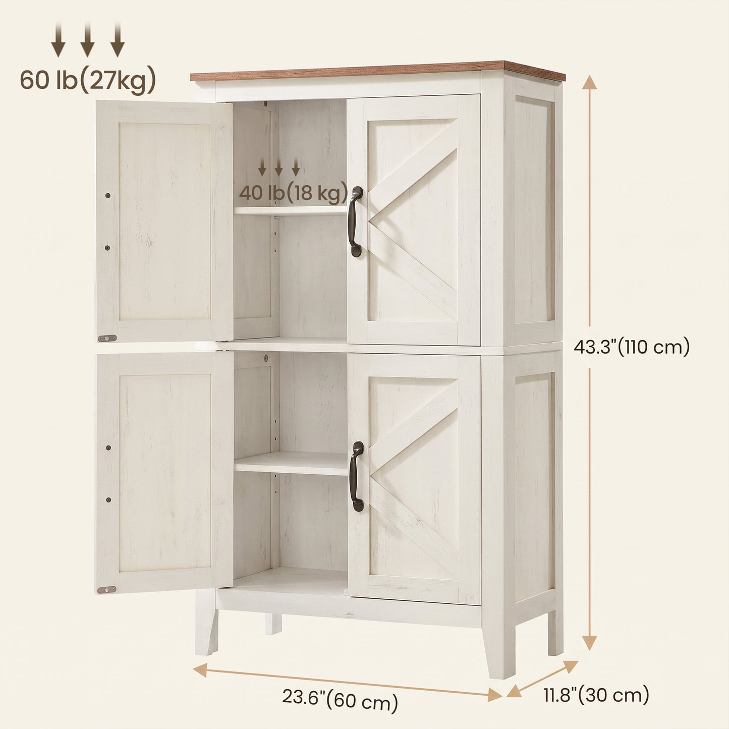 Farmhouse Storage Cabinet, Floor Cabinet with Barn Doors, Freestanding Kitchen Pantry, Adjustable Shelves, for Bathroom Dining Room, Rustic White
