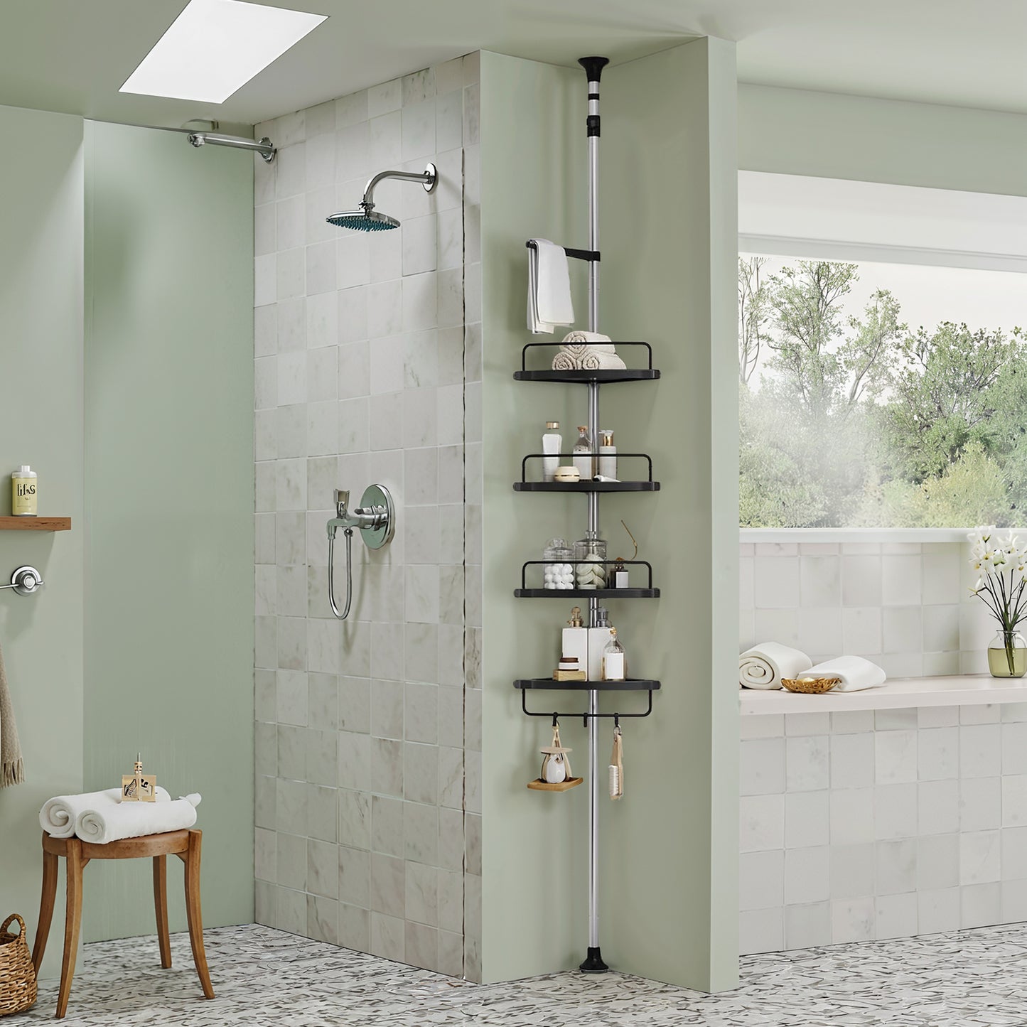 4-Tier Corner Shower Caddy Tension Pole, Height Adjustable Shower Organizer with Trays and Hooks, Drill-Free for Bathroom, Ink Black