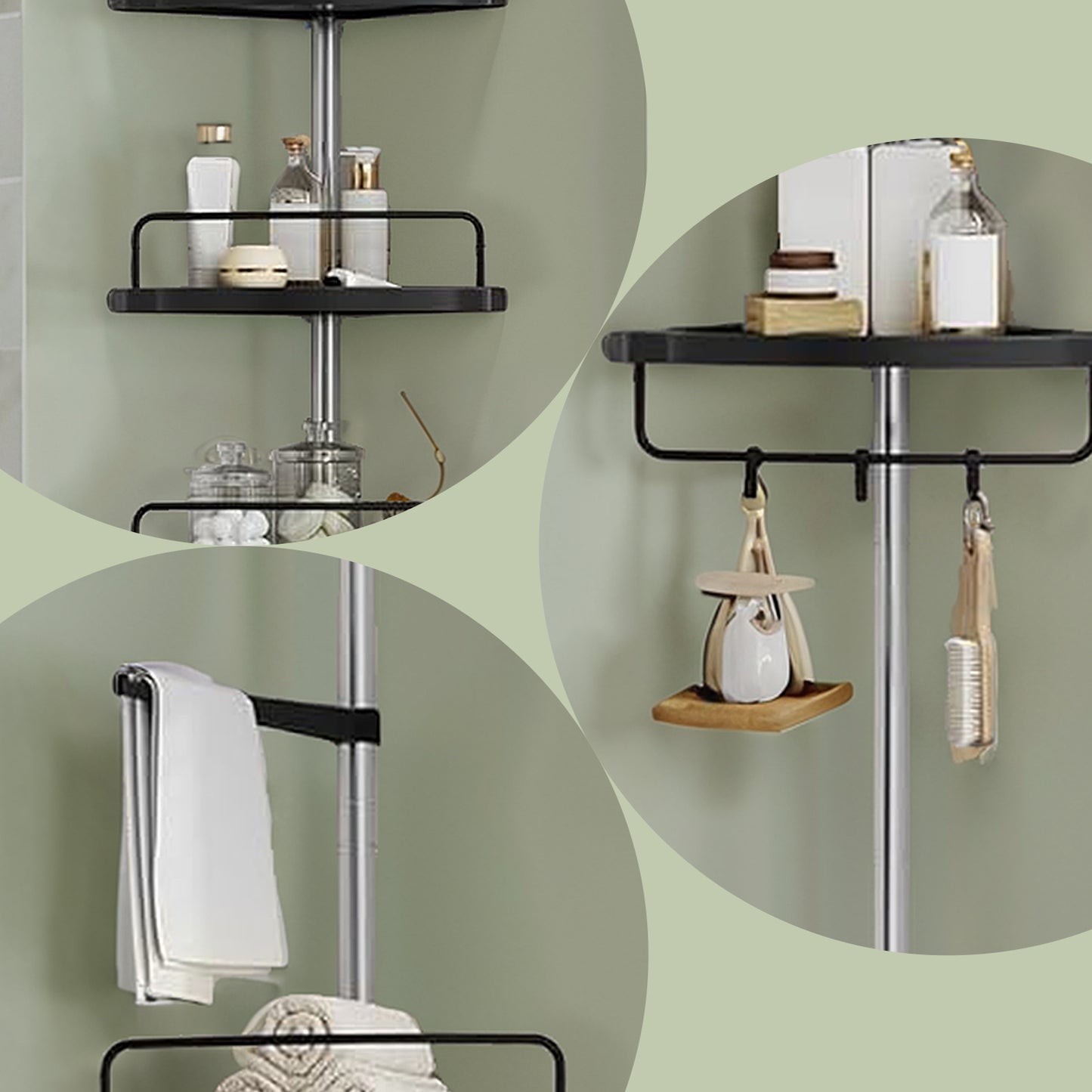 4-Tier Corner Shower Caddy Tension Pole, Height Adjustable Shower Organizer with Trays and Hooks, Drill-Free for Bathroom, Ink Black