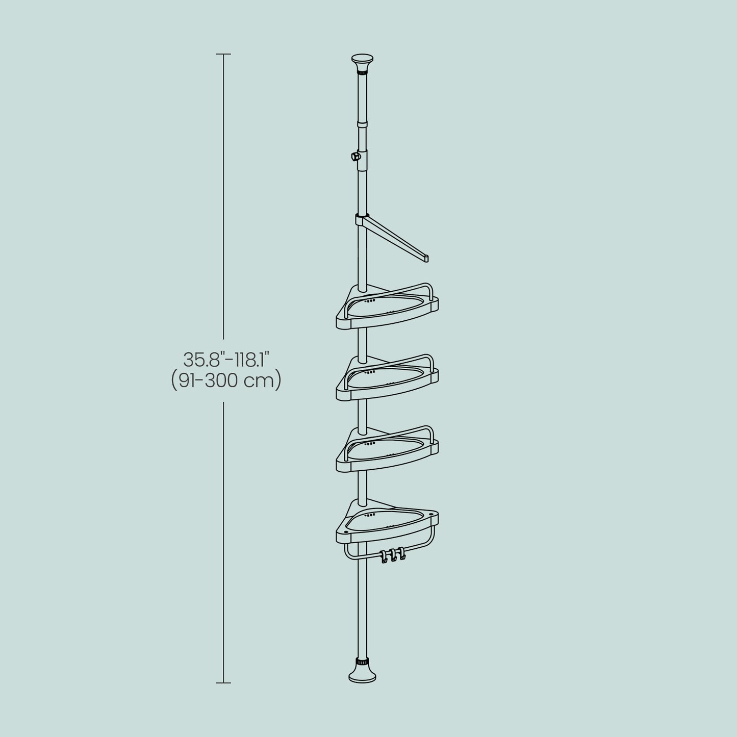 4-Tier Corner Shower Caddy Tension Pole, Height Adjustable Shower Organizer with Trays and Hooks, Drill-Free for Bathroom, Cloud White