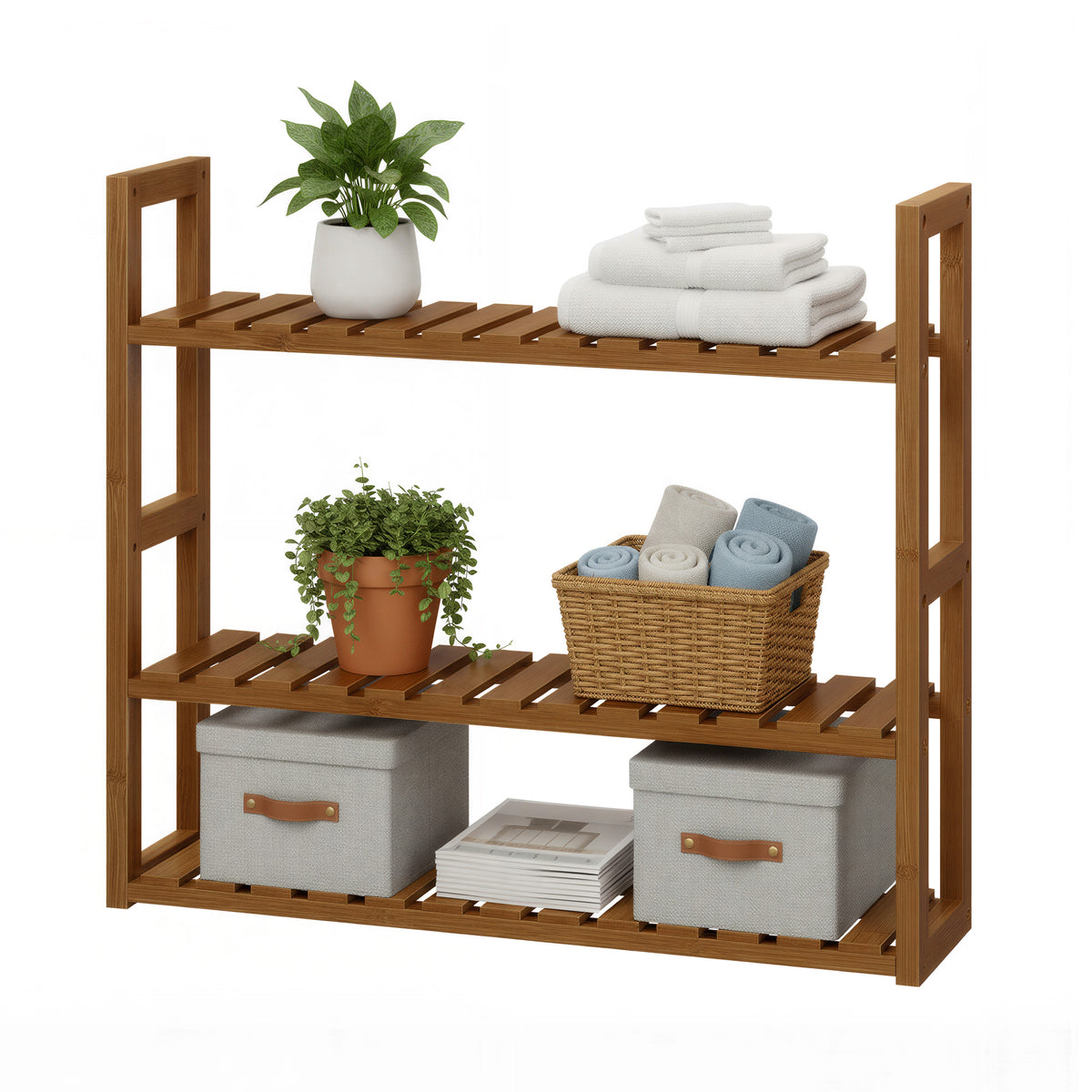 LEDREM 3-Tier Bamboo Bathroom Shelf, Adjustable Wall-Mounted or Freestanding Storage Rack, 23.6 x 5.9 x 21.3 Inches, natural bamboo
