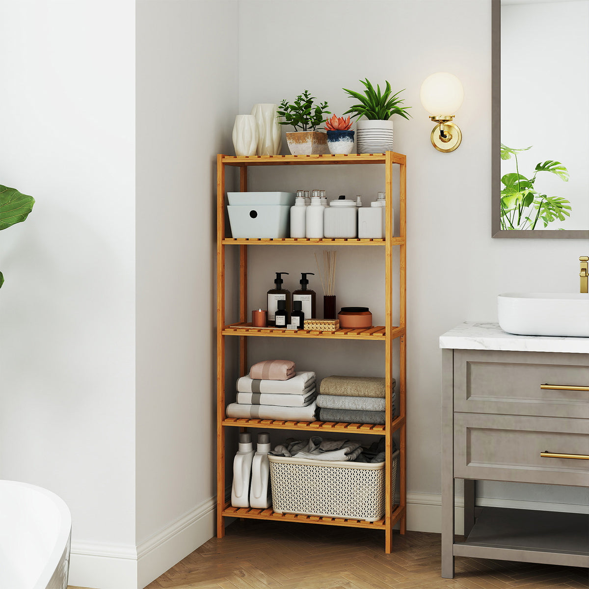 LEDREM 5 Tier Bamboo Bathroom Shelf, Plant Shelf, Storage Organizer, 23.6 x 10.3 x 51.5 inches, Yellow