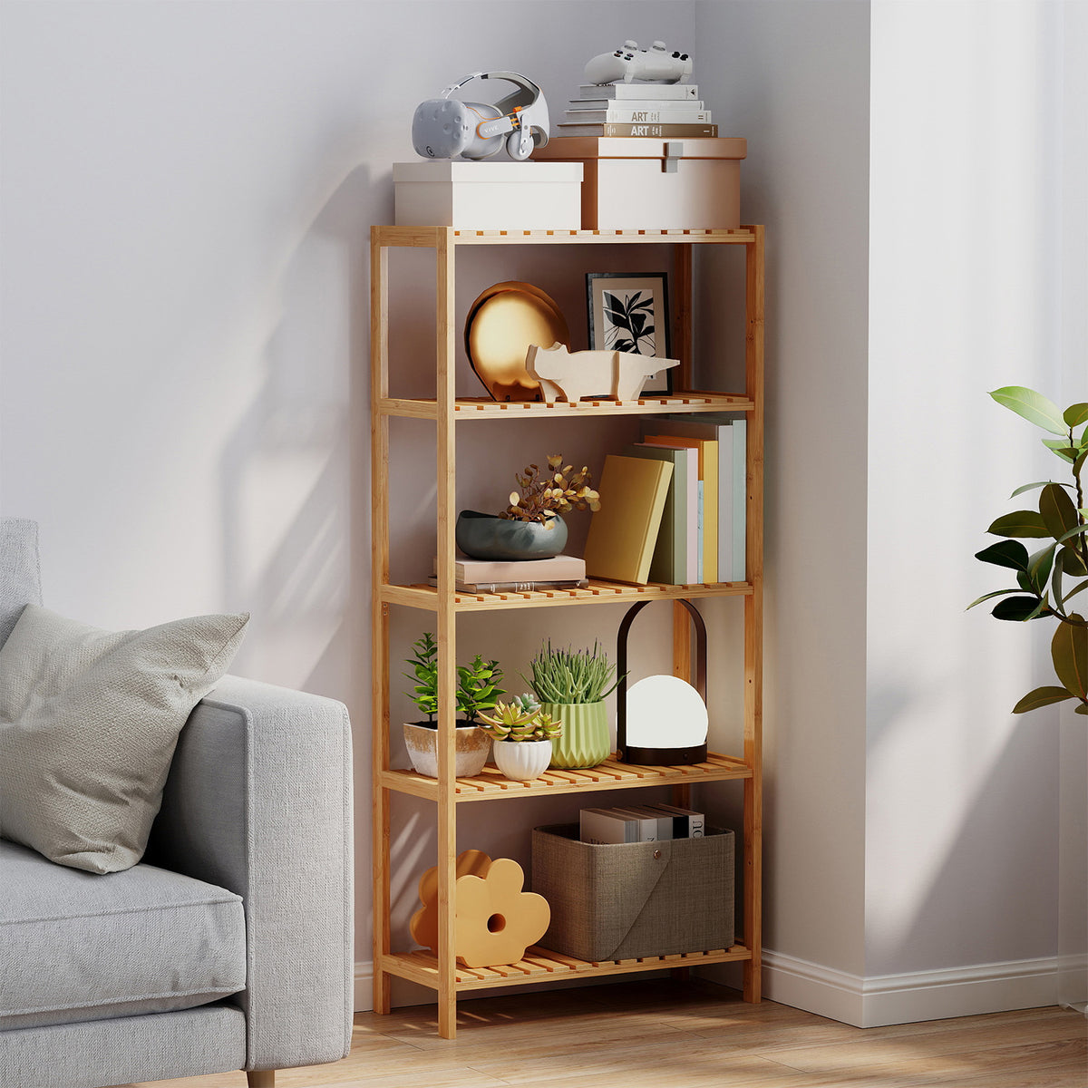 LEDREM 5 Tier Bamboo Bathroom Shelf, Plant Shelf, Storage Organizer, 23.6 x 10.3 x 51.5 inches, Yellow