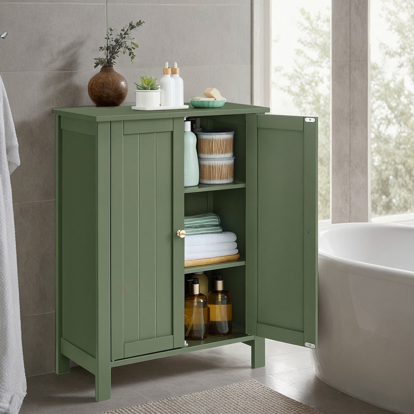 Freestanding Bathroom Storage Cabinet - 2 Adjustable Shelves, Space-Saving Design, Anti-Tip Kit, 23.6" Wide, Forest Green