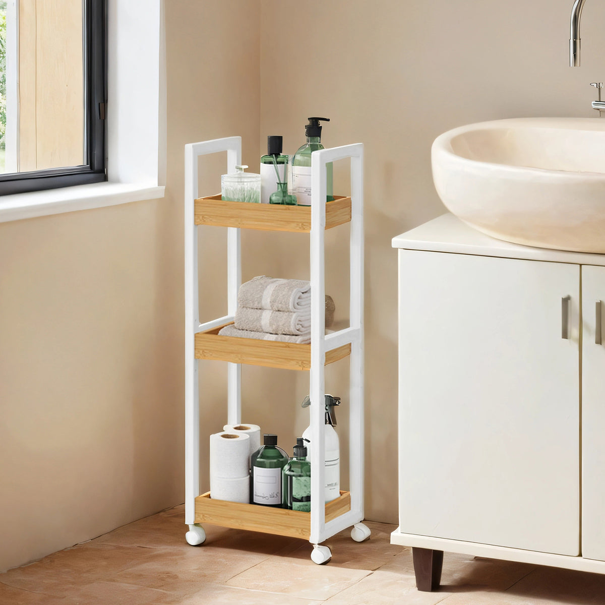 LEDREM 3-Tier Bamboo Bathroom Shelf, Rolling or Standing Storage Rack, 11.8 x 7.9 x 31.5 Inches,Bamboo and White
