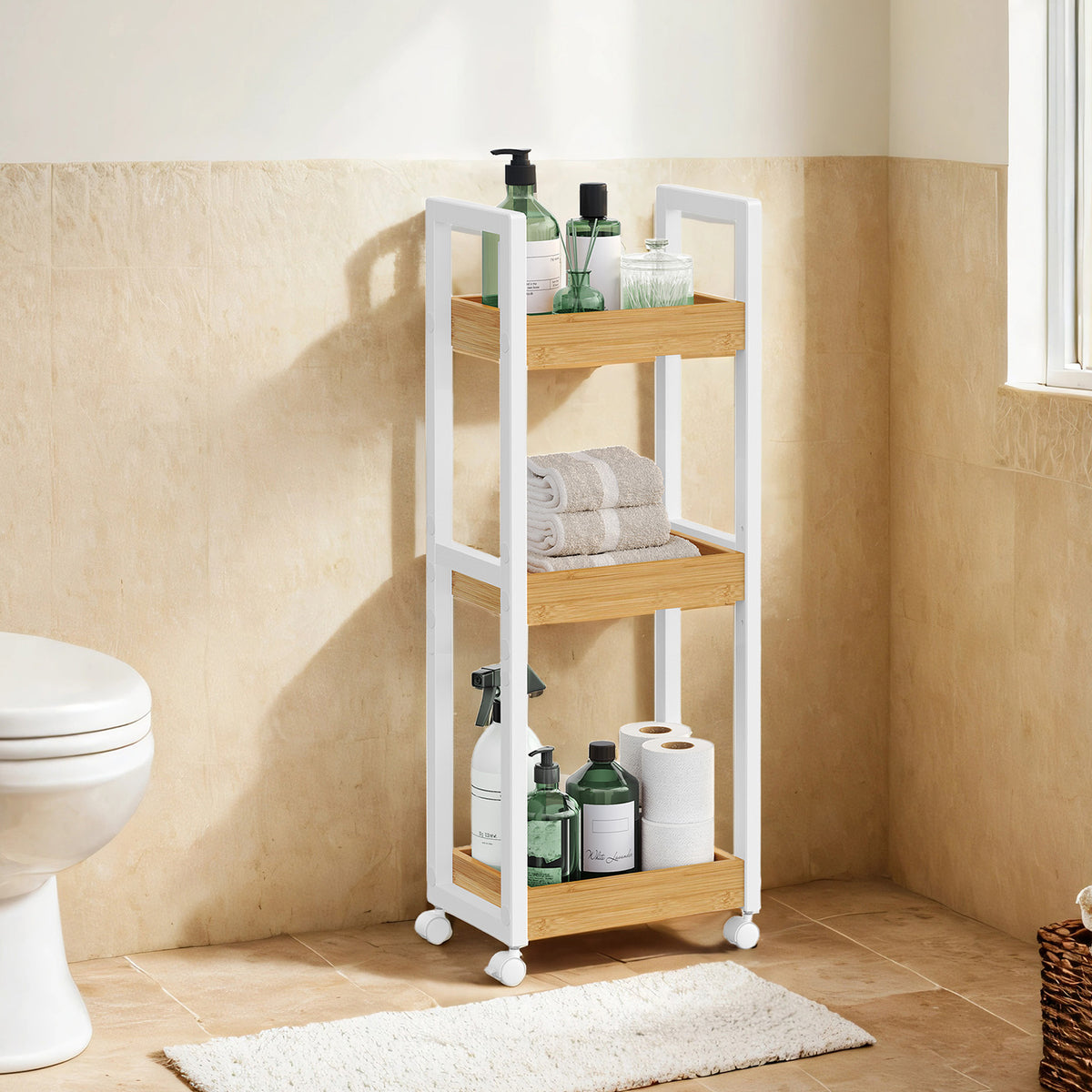 LEDREM 3-Tier Bamboo Bathroom Shelf, Rolling or Standing Storage Rack, 11.8 x 7.9 x 31.5 Inches,Bamboo and White