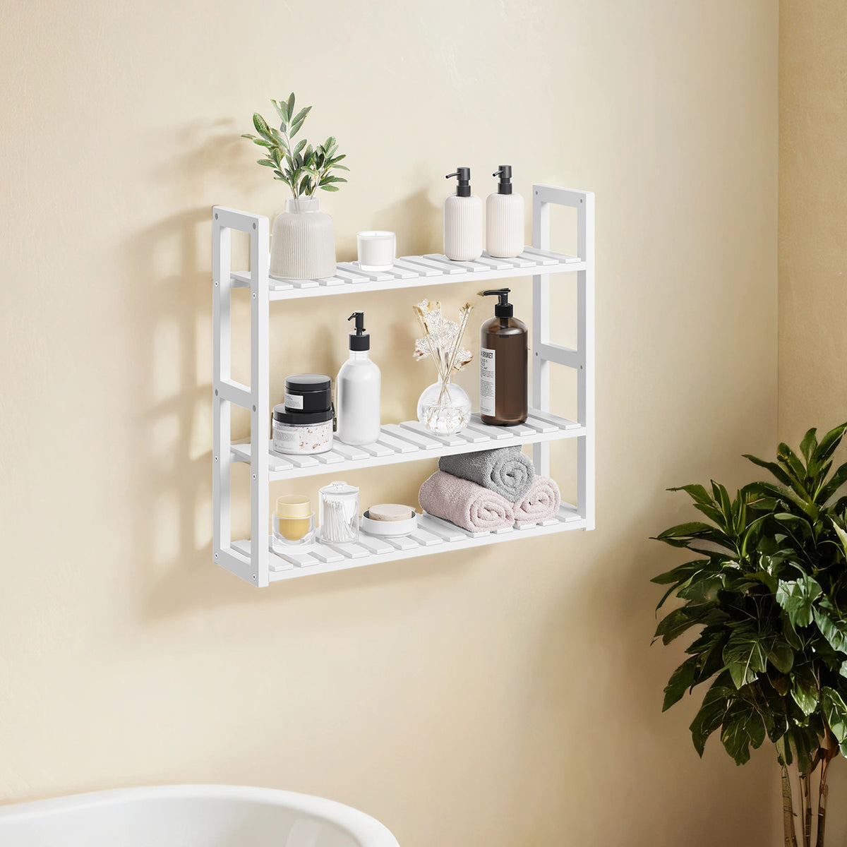LEDREM 3-Tier Bamboo Bathroom Shelf, Adjustable Wall-Mounted or Freestanding Storage Rack, 23.6 x 5.9 x 21.3 Inches,White