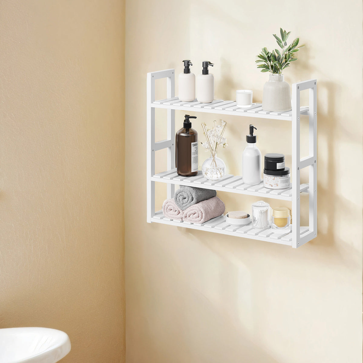 LEDREM 3-Tier Bamboo Bathroom Shelf, Adjustable Wall-Mounted or Freestanding Storage Rack, 23.6 x 5.9 x 21.3 Inches,White