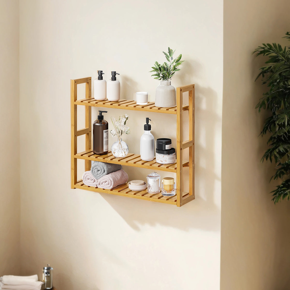 LEDREM 3-Tier Bamboo Bathroom Shelf, Adjustable Wall-Mounted or Freestanding Storage Rack, 23.6 x 5.9 x 21.3 Inches, Yellow