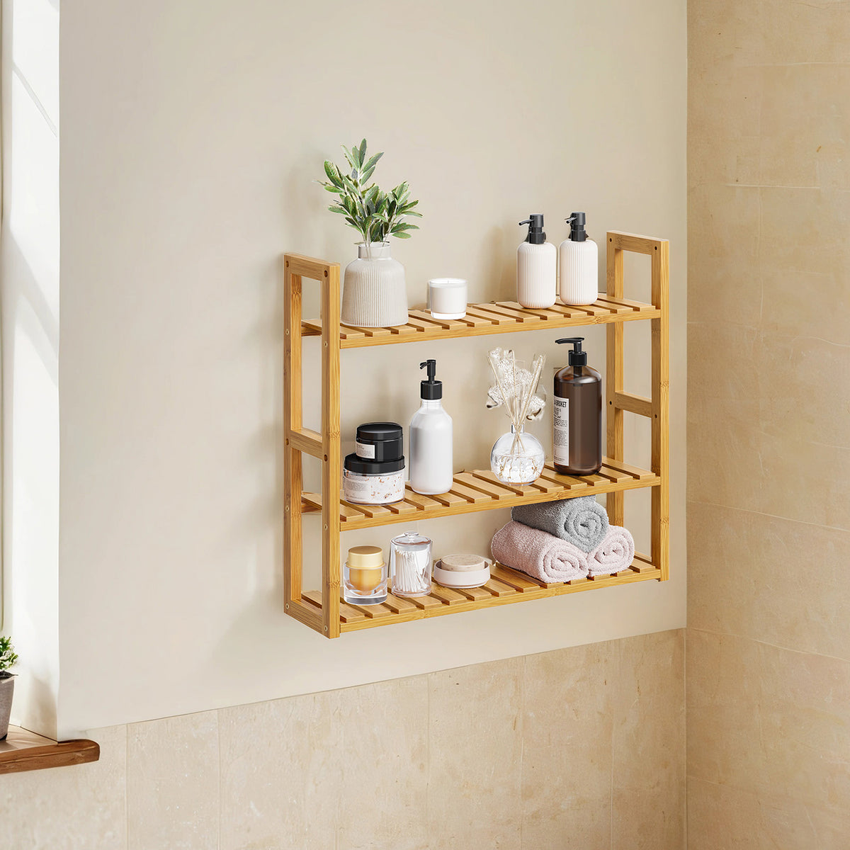 LEDREM 3-Tier Bamboo Bathroom Shelf, Adjustable Wall-Mounted or Freestanding Storage Rack, 23.6 x 5.9 x 21.3 Inches, Yellow
