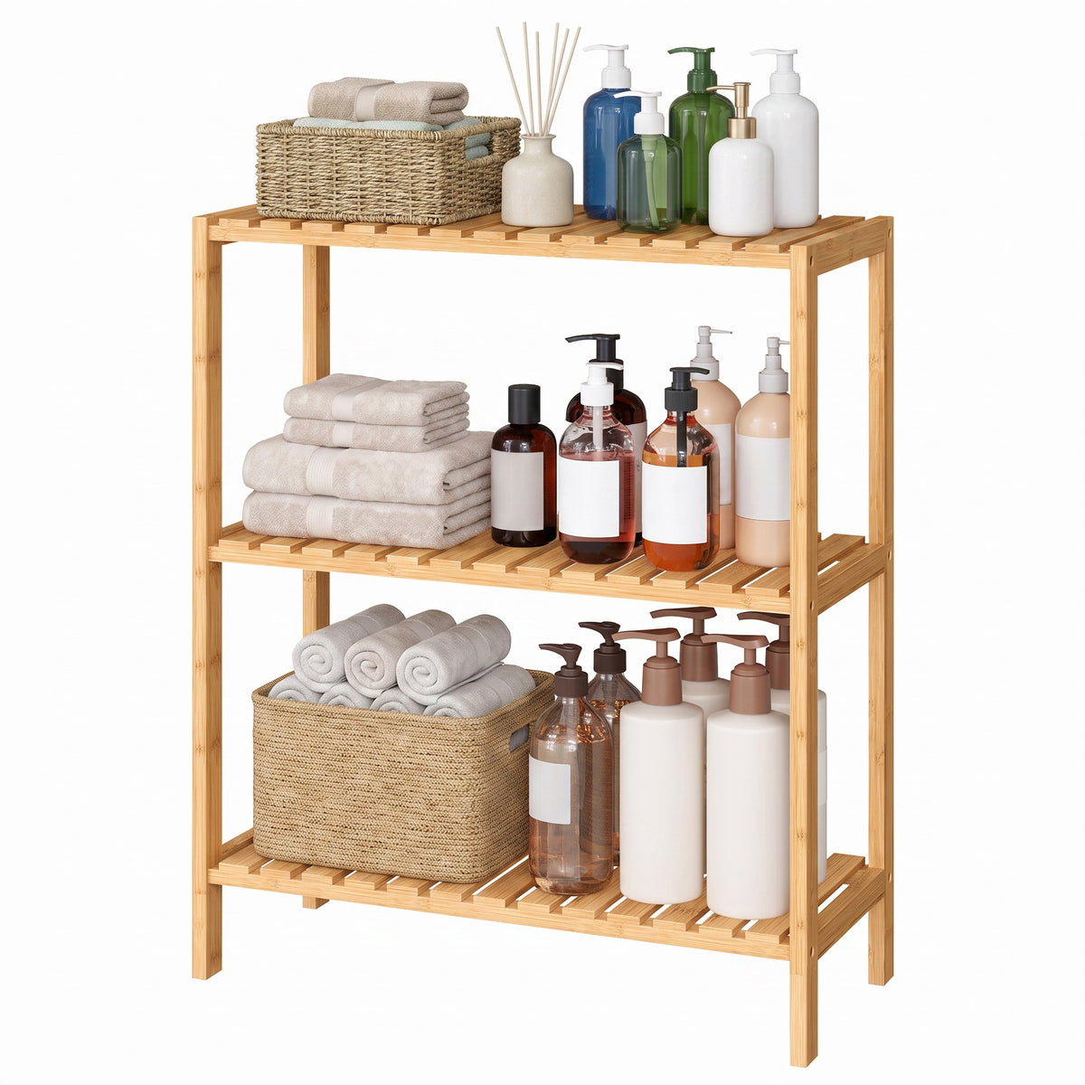 LEDREM 3 Tier Bamboo Bathroom Shelf, Plant Shelf, Storage Organizer, 23.6 x 10.2 x 26 inches, Light Bamboo