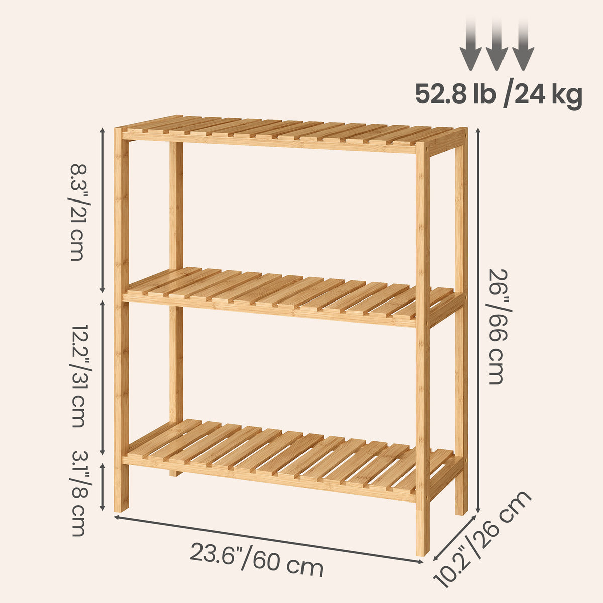 LEDREM 3 Tier Bamboo Bathroom Shelf, Plant Shelf, Storage Organizer, 23.6 x 10.2 x 26 inches, Light Bamboo