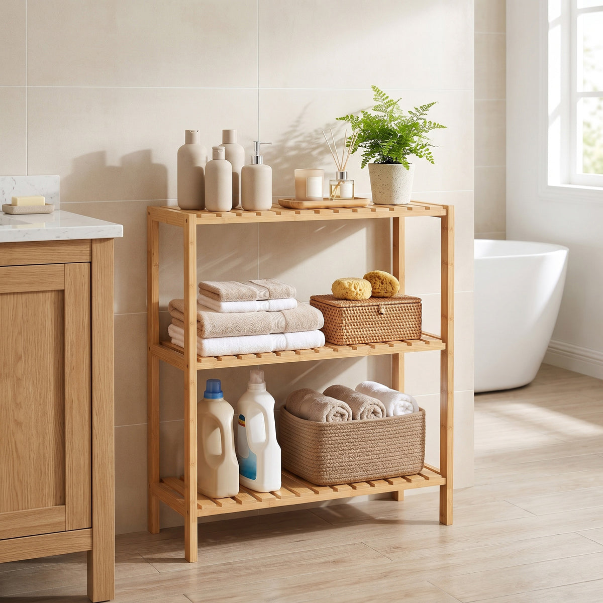 LEDREM 3 Tier Bamboo Bathroom Shelf, Plant Shelf, Storage Organizer, 23.6 x 10.2 x 26 inches, Light Bamboo