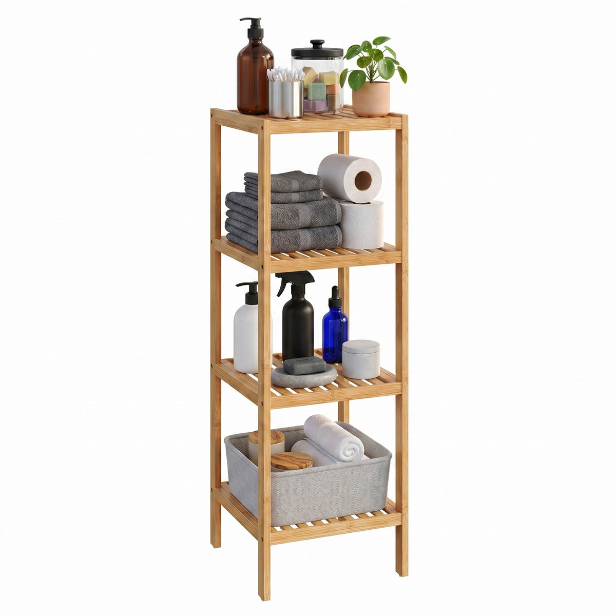 LEDREM Bamboo Bathroom Shelf, 4-Tier Narrow Shelving Unit, Multifunctional Storage Rack, for Kitchen, Living Room, Bedroom, Bathroom, Light Bamboo