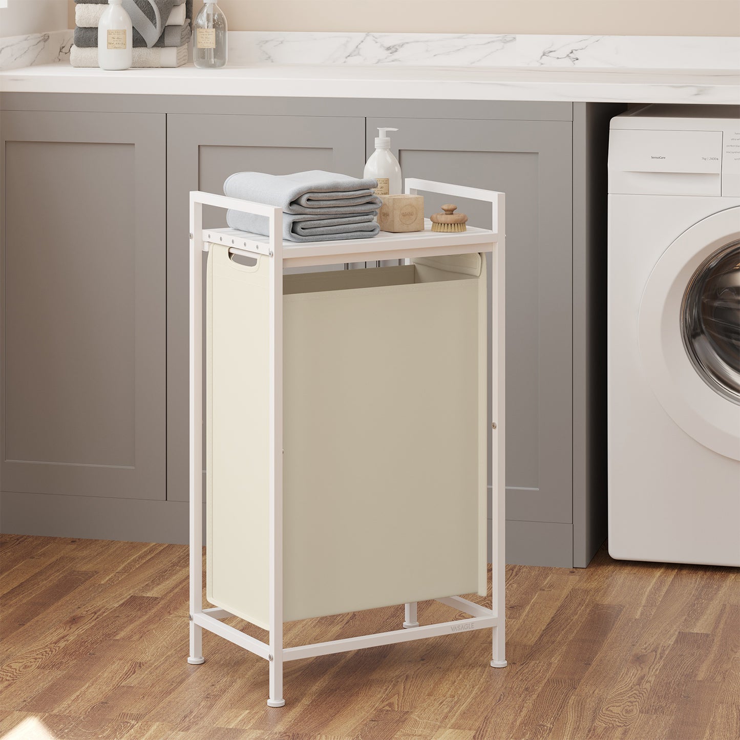 Laundry Hamper with Removable Washable Bags, Pull-Out Shelf, Metal Frame, 12.4 Gallons Capacity, Space-Saving Design for Home, Bedroom, Bathroom, Cream White