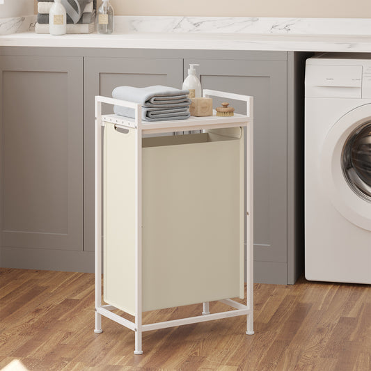 Laundry Hamper with Removable Washable Bags, Pull-Out Shelf, Metal Frame, 12.4 Gallons Capacity, Space-Saving Design for Home, Bedroom, Bathroom, Cream White