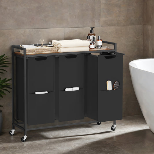 3-Compartment Rolling Laundry Sorter, 43.5 Gallon Capacity with Shelf & Removable Bags, Steel Frame, Ink Black and Rustic Brown