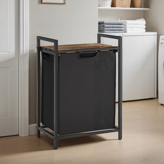 Space-Saving Laundry Hamper with Shelf & Removable Bags, 17.2 Gallon Capacity, Metal Frame, for Small Spaces, Black and Rustic Brown