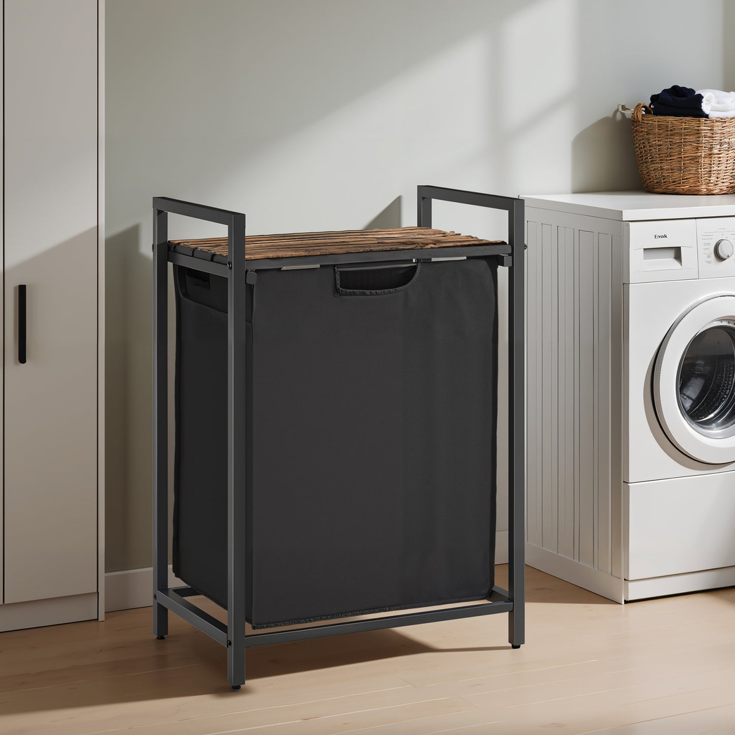 Space-Saving Laundry Hamper with Shelf & Removable Bags, 17.2 Gallon Capacity, Metal Frame, for Small Spaces, Black and Rustic Brown