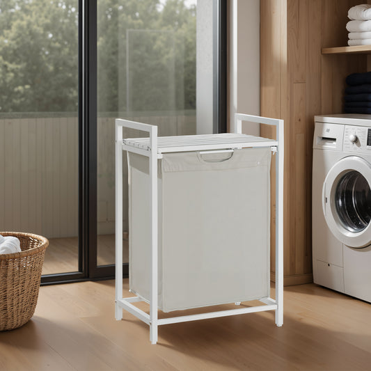 3-in-1 Space Saving Laundry Hamper with Shelf & Removable Bags, 17.2 Gal Capacity, Steel Frame, Ventilated Design, White