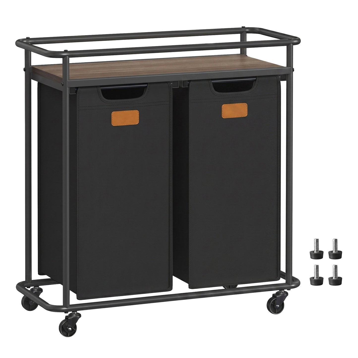 Laundry Sorter, Rolling Laundry Hamper with Wheels and Shelf, 2 Bags, 100 L, 28.5 x 13 x 31.3 Inches, Black and Burgundy
