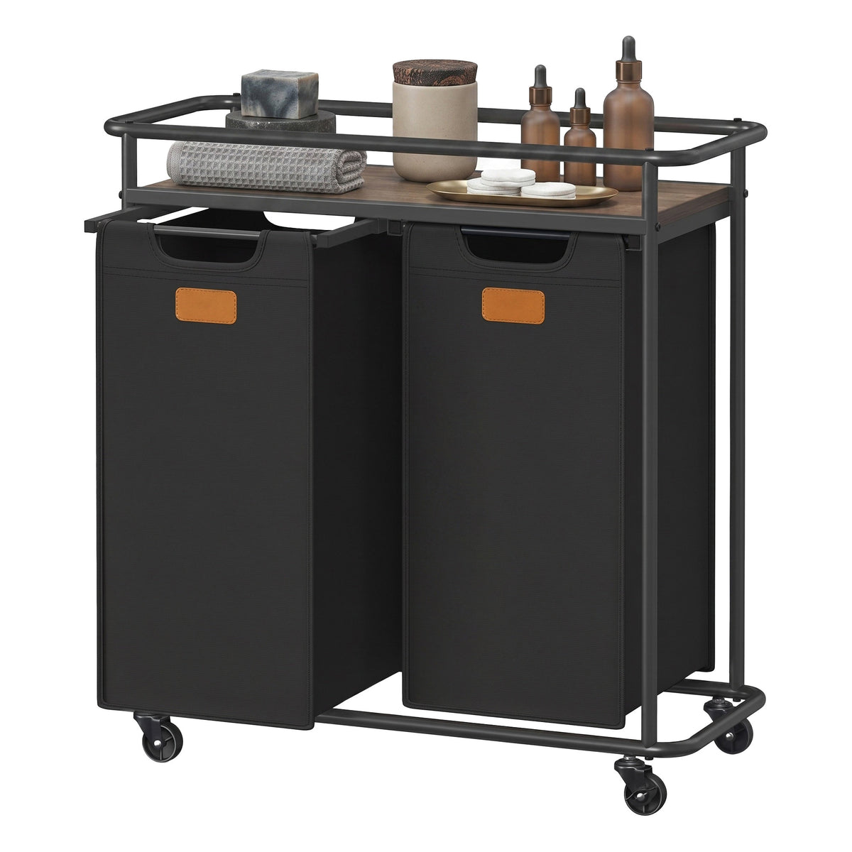 Laundry Sorter, Rolling Laundry Hamper with Wheels and Shelf, 2 Bags, 100 L, 28.5 x 13 x 31.3 Inches, Black and Burgundy