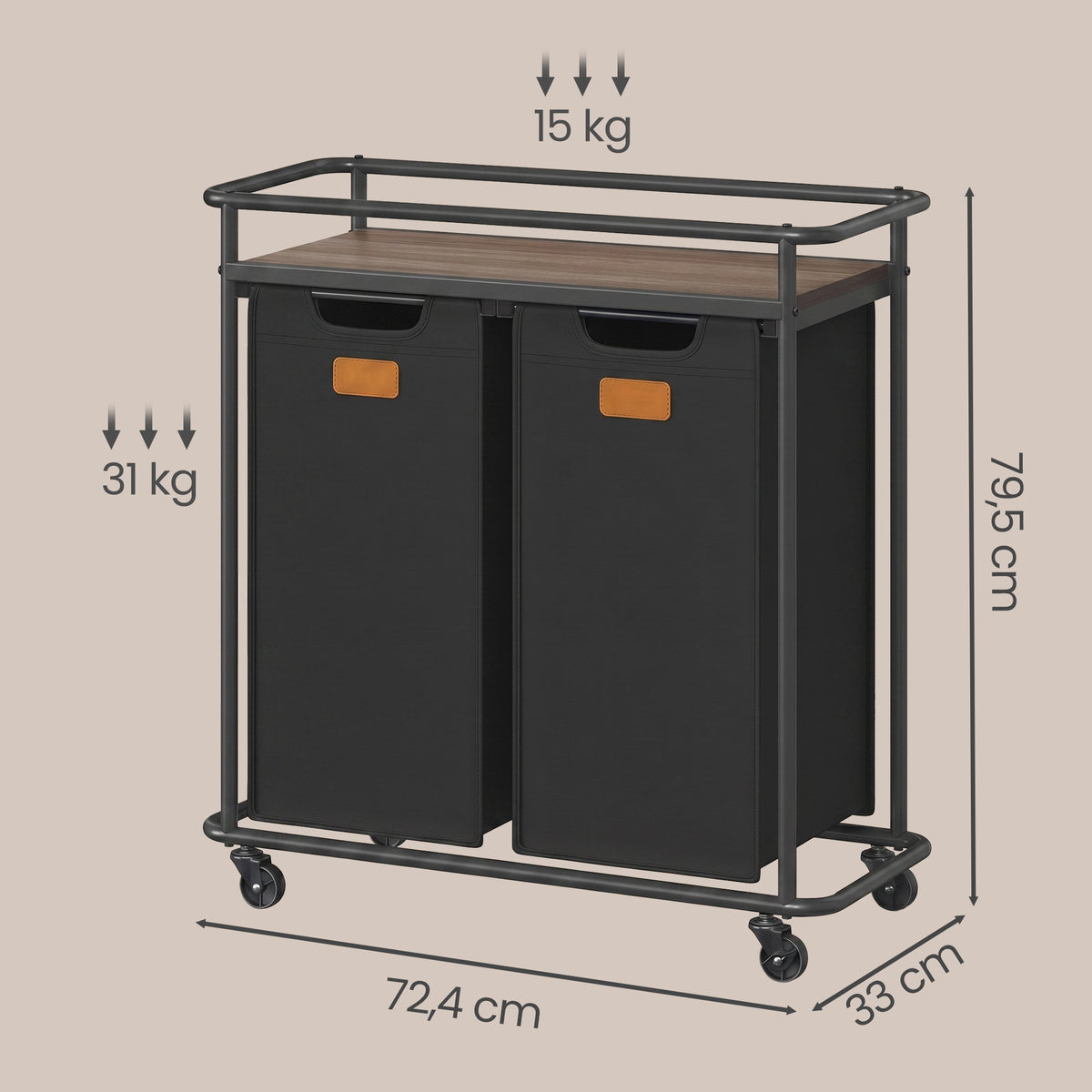 Laundry Sorter, Rolling Laundry Hamper with Wheels and Shelf, 2 Bags, 100 L, 28.5 x 13 x 31.3 Inches, Black and Burgundy