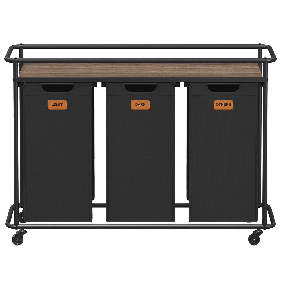 Laundry Sorter with Wheels, Rolling Hamper Cart, 39.6 Gal 3 Removable Baskets, Shelf with Guard Rails, 6 Sorting Labels, Ink Black and Chestnut Brown