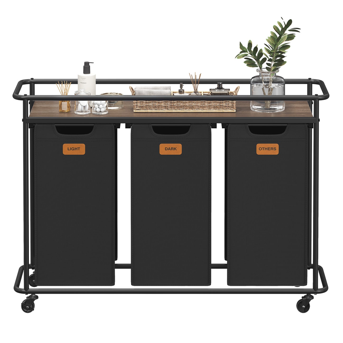 Laundry Sorter with Wheels, Rolling Hamper Cart, 39.6 Gal 3 Removable Baskets, Shelf with Guard Rails, 6 Sorting Labels, Ink Black and Chestnut Brown