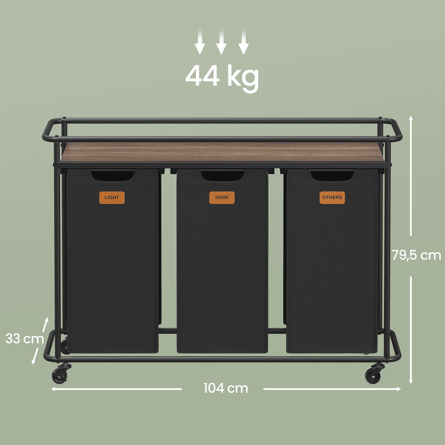 Laundry Sorter with Wheels, Rolling Hamper Cart, 39.6 Gal 3 Removable Baskets, Shelf with Guard Rails, 6 Sorting Labels, Ink Black and Chestnut Brown