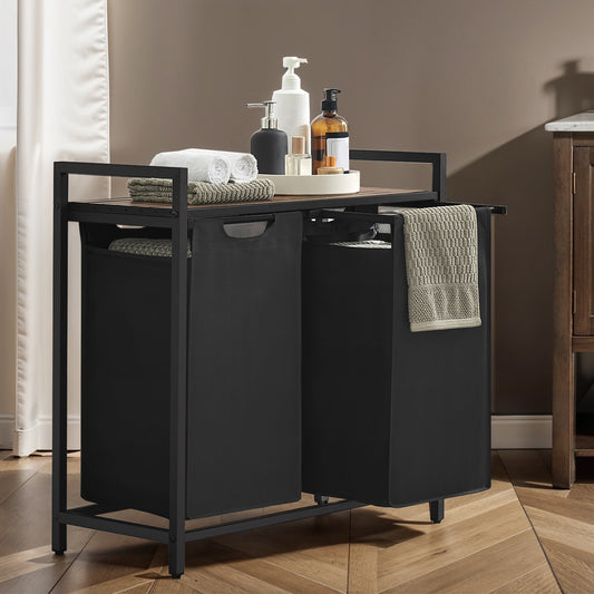 2-Compartment Laundry Hamper with Shelf, 24.2 Gallon (92L) Foldable Clothes Sorter, Removable Oxford Fabric Liners, Steel Frame & MDF Panel, Light，Dark Laundry Separation, Black