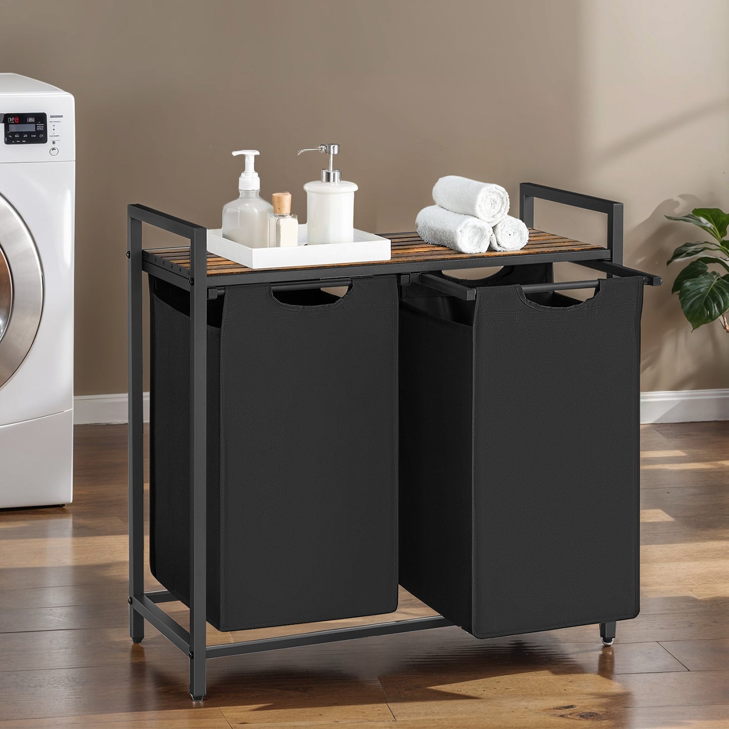 2-Compartment Laundry Hamper with Shelf, 24.2 Gallon (92L) Foldable Clothes Sorter, Removable Oxford Fabric Liners, Steel Frame & MDF Panel, Light，Dark Laundry Separation, Black